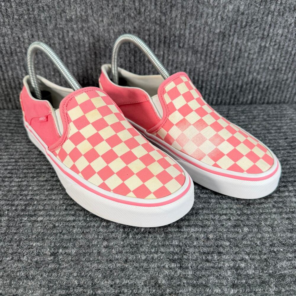 Vans Classic Slip-On Womens 7 Pink White Checkerboard Canvas Sneakers Shoes